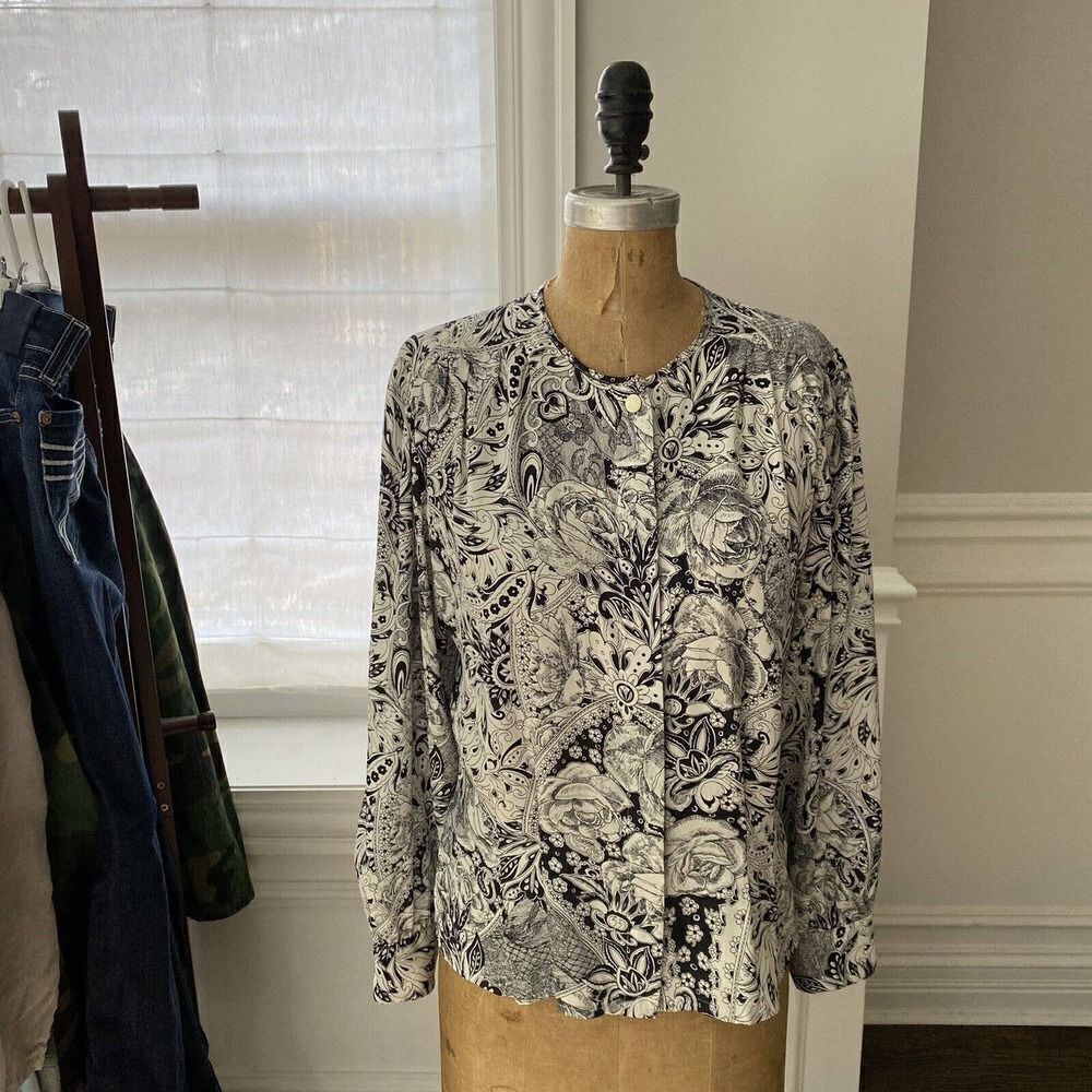 Vintage LAURA & JAYNE Button Up Blouse Secretary Paisley Black White Size 12 - Picture 7 of 12